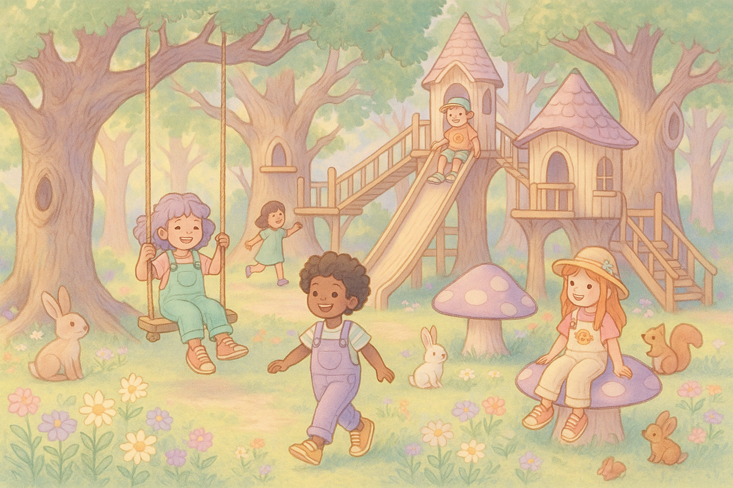 pastel whimsy woodland forest playground with kids having fun and playing in kiddie trendy fashion